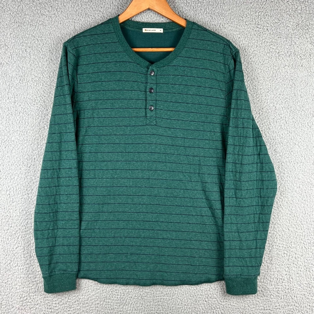Marine Layer Henley Shirt Mens Medium‎ Double Knit Green Striped Long Sleeve